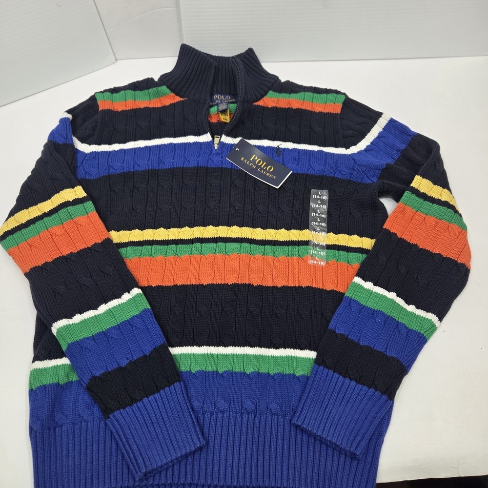 Polo Ralph Lauren Striped Colorful Cable Knit Sweater Boy's L 14-16